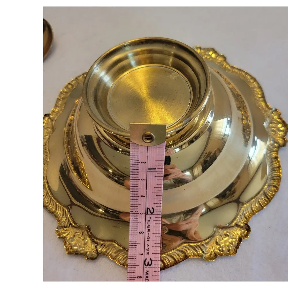 VTG Footed Serving Bowl and Ladle Set 7in Gold Tone‎ Ornate Scalloped Floral